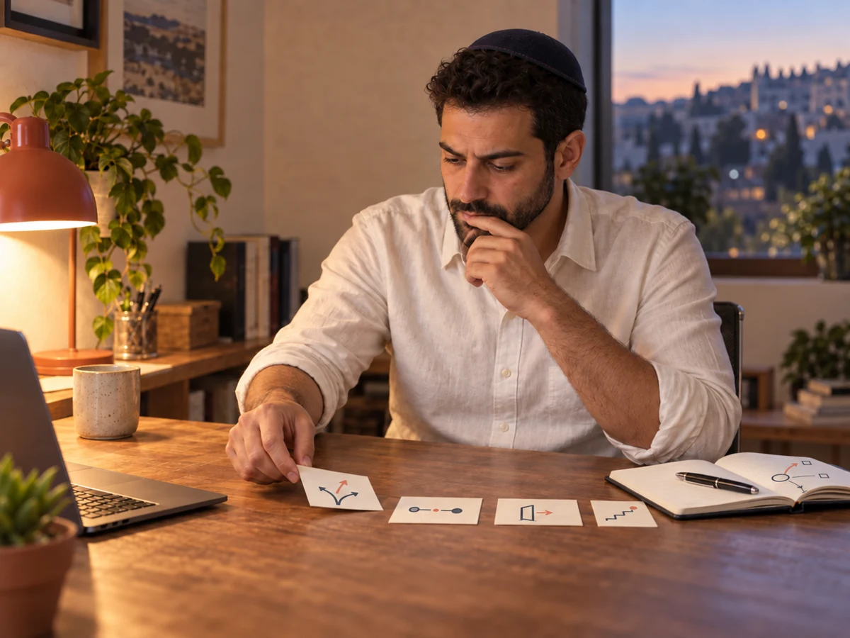 גבר בוחר כרטיס אחד מתוך כמה אפשרויות שהניח על השולחן