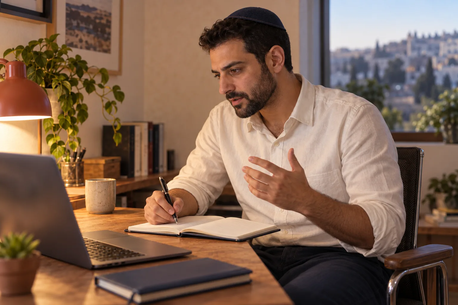 אותו גבר מתרגל משפט וכותב במחברת ליד המחשב
